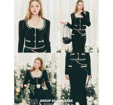 Group of Universe - Christine Black and Gold Knitted Cardigan Hip Skirt Two-piece Chanel Set