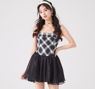 yoodaily - Black and white plaid suspender tutu dress