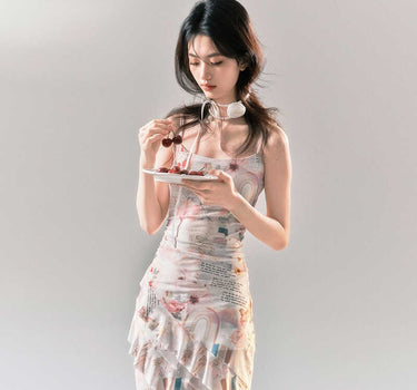 yoodaily - Retro printed suspender dress