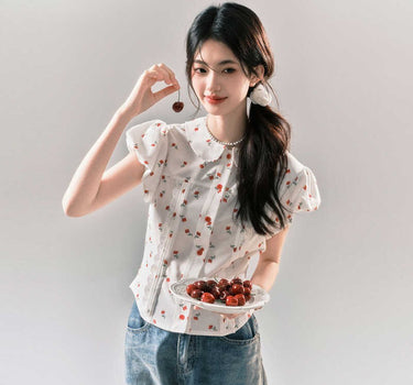 yoodaily - Sweet cherry print puff sleeve shirt