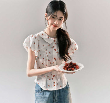 yoodaily - Sweet cherry print puff sleeve shirt