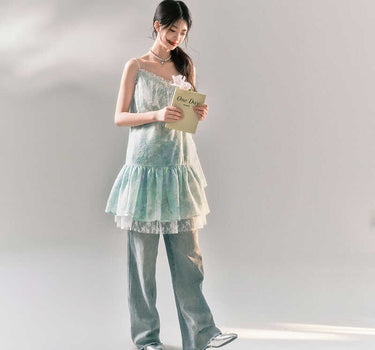 yoodaily - Mint green smudge jacquard ruffle lace patchwork suspender dress