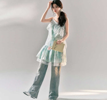 yoodaily - Mint green smudge jacquard ruffle lace patchwork suspender dress