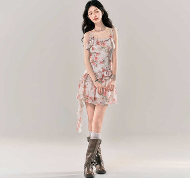 yoodaily - Pink floral suspender dress