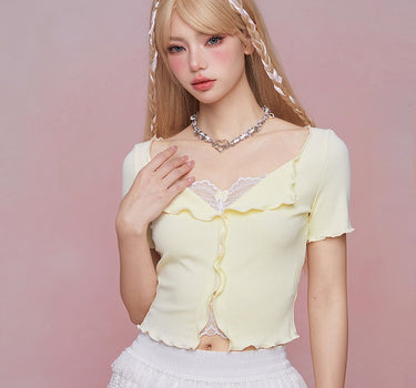 GirlyFancyClub - Summer lace stitching yellow slim sweet top