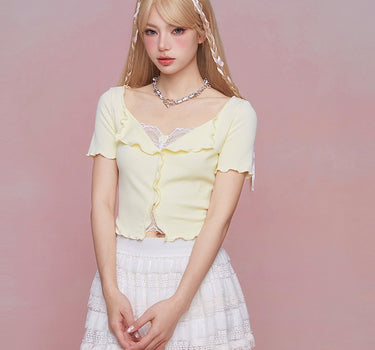 GirlyFancyClub - Summer lace stitching yellow slim sweet top