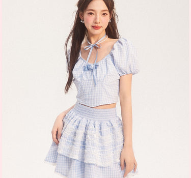 AooRaa - Girls' Generation Kim Taeyeon's blue plaid rose puff sleeves suit