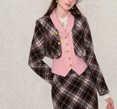 underpass - Plaid short coat, pink small fragrant vest, long skirt three-piece suit