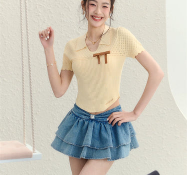 underpass - Hollow bow short-sleeved slim knitted top