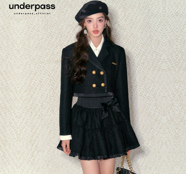 underpass - Black gold-style coat with bow tie high-waisted tutu skirt two-piece suit