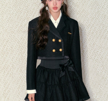 underpass - Black gold-style coat with bow tie high-waisted tutu skirt two-piece suit