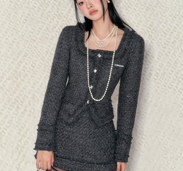 underpass - Gray square collar waisted raw edge jacket and skirt two-piece suit