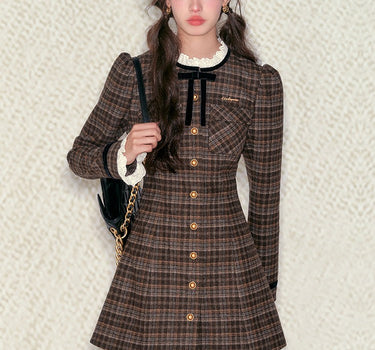 underpass - Bow lace brown plaid round neck long-sleeved waist dress