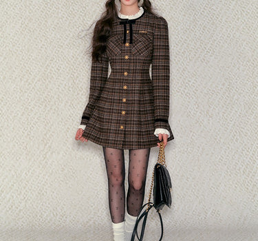 underpass - Bow lace brown plaid round neck long-sleeved waist dress