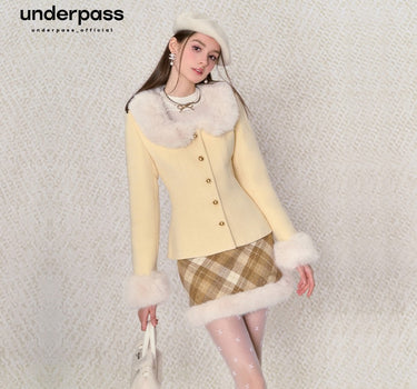 underpass - Sweet cream yellow fur collar coat plaid skirt two-piece suit dress