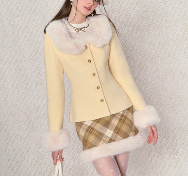 underpass - Sweet cream yellow fur collar coat plaid skirt two-piece suit dress