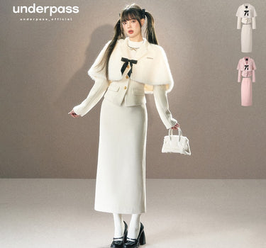 underpass - Bow waist cape long skirt two-piece suit