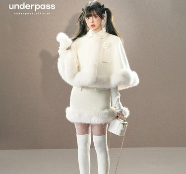 underpass - White fur rose cape furry coat high waist hip skirt suit