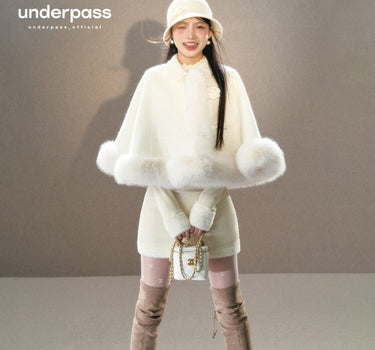 underpass - White fur rose cape furry coat high waist hip skirt suit