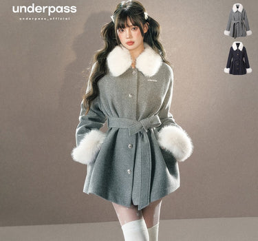 underpass - Two-color fur collar lace-up waist high-end woolen coat