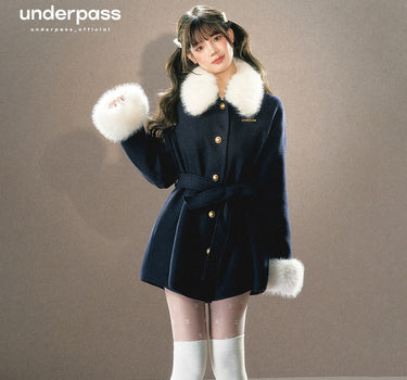 underpass - Two-color fur collar lace-up waist high-end woolen coat