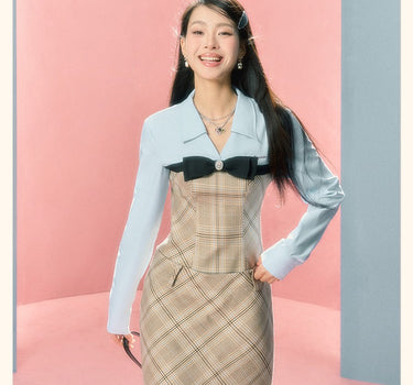 underpass - Plaid stitching bow long-sleeved waist dress