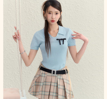 underpass - Hollow bow short-sleeved slim knitted top