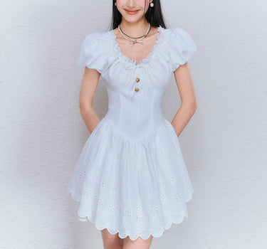 underpass - White sweet embroidered lace puff sleeves dress