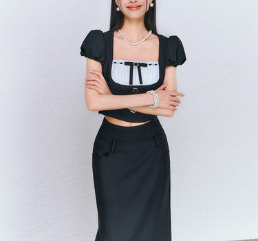 underpass - Black bud sleeve square neck top waist long skirt two-piece suit