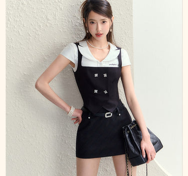 underpass - Diamond-embellished short shirt, corset vest, short skirt, three-piece suit