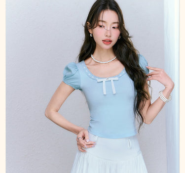 underpass - Sweet lace puff sleeves bow knitted slim top