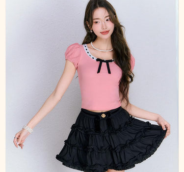 underpass - Sweet lace puff sleeves bow knitted slim top