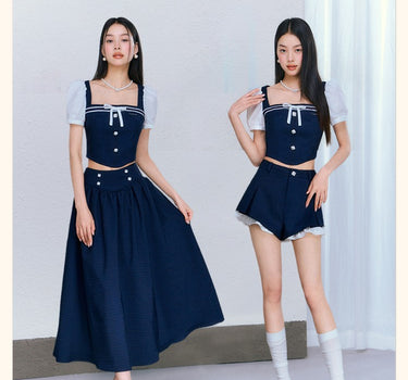 underpass - Navy blue puff sleeve top half length skirt three-piece