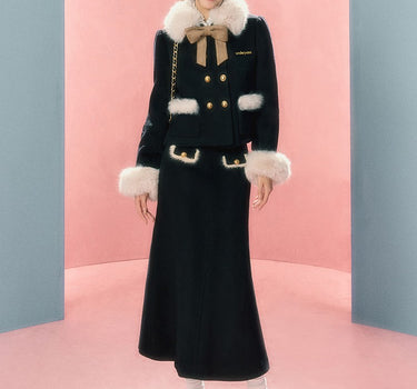 underpass - Fur collar black wool stitching coat long skirt two-piece suit