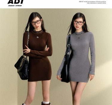 ANDYET AD1 - Half Tall Neck Long Sleeve Slim Fit Knitted Dress with Waist Wrap