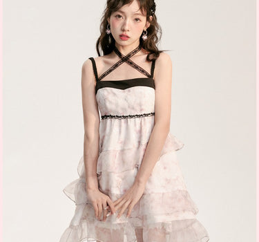 AooRaa - Black pink color matching floral lace suspender dress