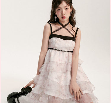 AooRaa - Black pink color matching floral lace suspender dress