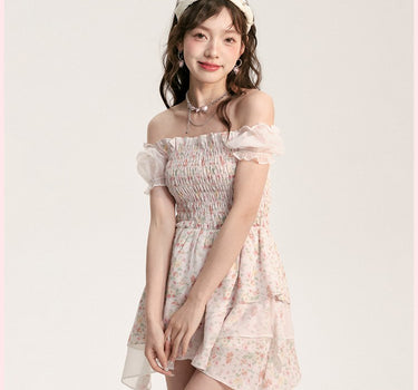 AooRaa - Off-shoulder floral puff sleeves ribbon dress