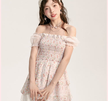 AooRaa - Off-shoulder floral puff sleeves ribbon dress