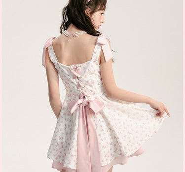 AooRaa - Bow pink strap floral rose suspender dress