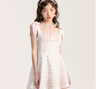 AooRaa - Bow pink strap floral rose suspender dress