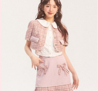 AooRaa - Pink pearl puff sleeve top skirt short two-piece suit