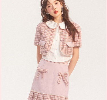 AooRaa - Pink pearl puff sleeve top skirt short two-piece suit