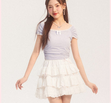 AooRaa - Ballet style bow knitted short-sleeved lace crop top