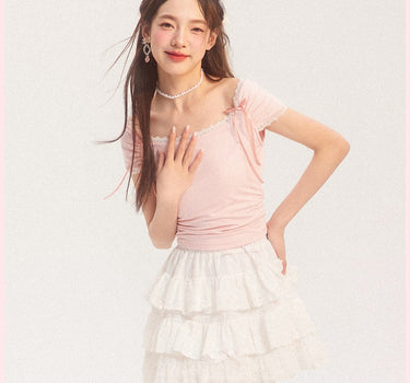 AooRaa - Ballet style bow knitted short-sleeved lace crop top