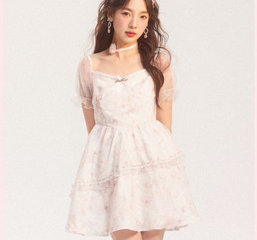 AooRaa - Sweetheart girl bow floral stitching puff sleeve dress