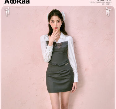 AooRaa - Bow v-neck color matching shirt suit