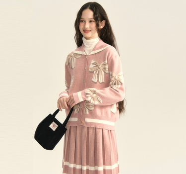 chummy - Sweet bow knitted cardigan pleated skirt suit