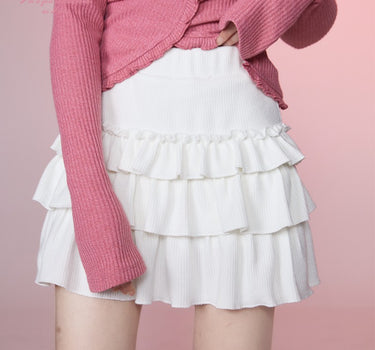 GirlyFancyClub - Sweet and Salt * Ruffle Edge Layered Cake Skirt A-line Short Knitted Skirt