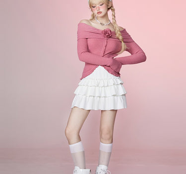 GirlyFancyClub - Sweet and Salt * Ruffle Edge Layered Cake Skirt A-line Short Knitted Skirt